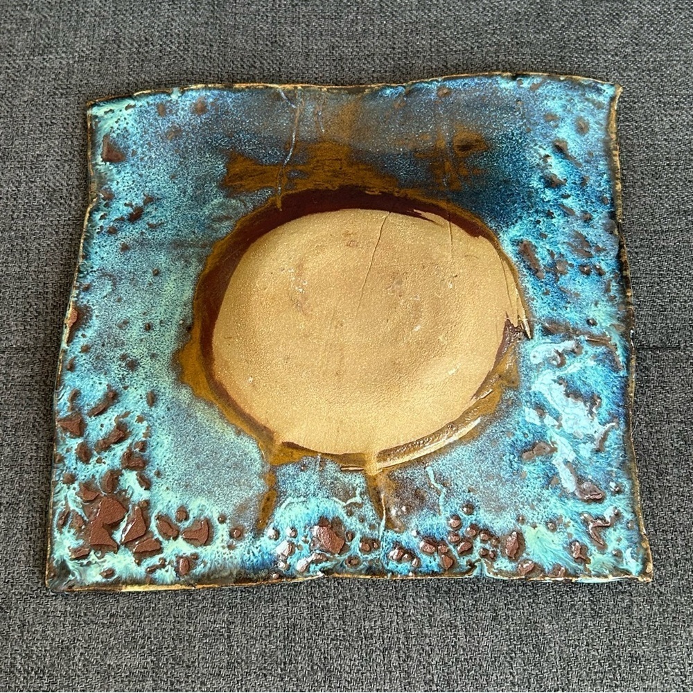 Handmade Abstract Candle Holder Trinket Dish Decor Art Deco Aqua Brown - Picture 4 of 8